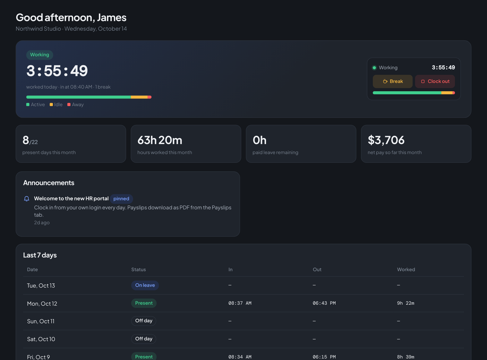 The employee portal: greeting, live clock card with the activity bar, and the month\u2019s numbers — days present, hours worked, overtime, and pay so far.
