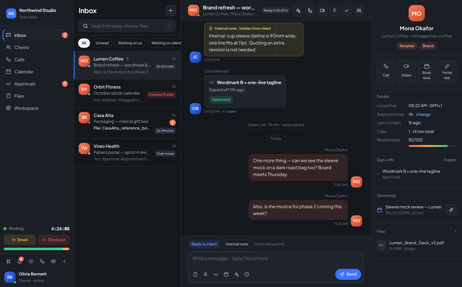 Northwind\u2019s inbox: reply-timers doing triage, an internal note above the composer, the client\u2019s whole history on the right.